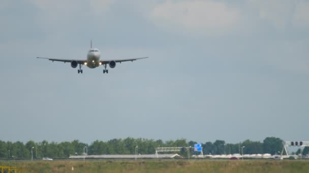 Avião de passageiros está pousando em um dia de verão — Vídeo de Stock