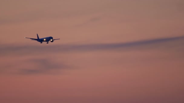 Самолет на фоне заката летит на землю — стоковое видео