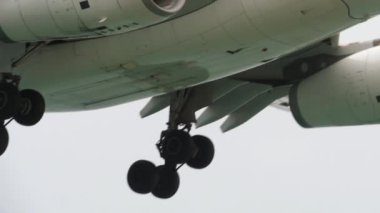 Uçak tepemizde uçuyor, yakın plan.