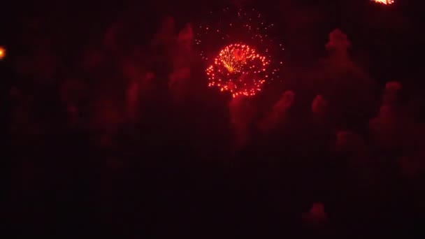 Festliches Feuerwerk am Nachthimmel der Großstadt — Stockvideo