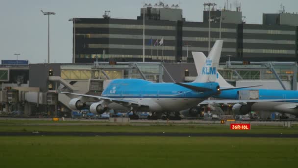 Boeing 747 KLM llegada al aeropuerto de Schiphol — Vídeos de Stock