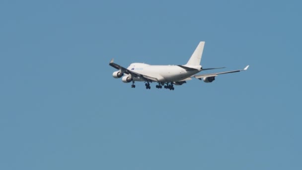 Cargo airplane flies in the blue sky, prepares to landing — Vídeos de Stock