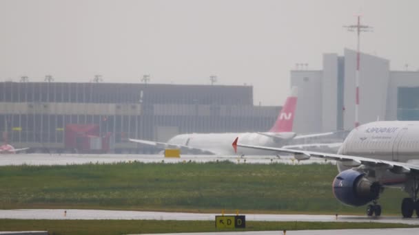 Travagem do avião à chuva, visão traseira — Vídeo de Stock