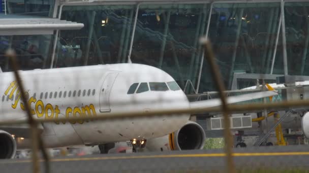 Самолет Скута в аэропорту Пхукета — стоковое видео