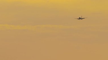 İniş takımlarını indirmiş yolcu jeti, altın bir günbatımı gökyüzüne iniş için yaklaşıyor. Düşük bir ihtimal. Uçak seyahati, turizm ve uçuş promosyonu için ideal.