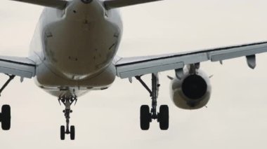 Ticari uçak inişi, fren, yavaşlama, arka görüş. Jet uçağı geldi. Spoiler verin. Seyahat kavramı