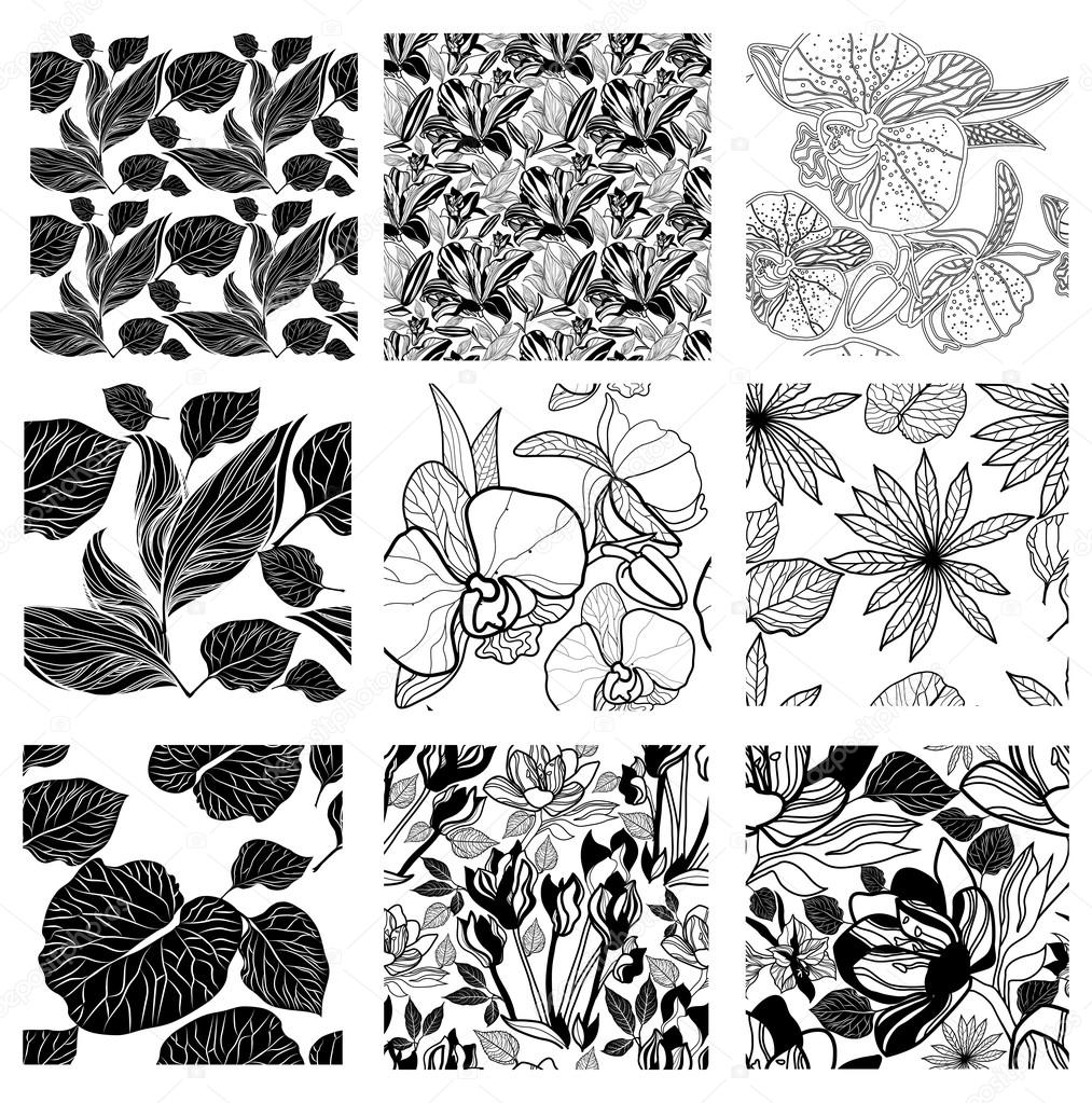 Set of nine seamless floral patterns 