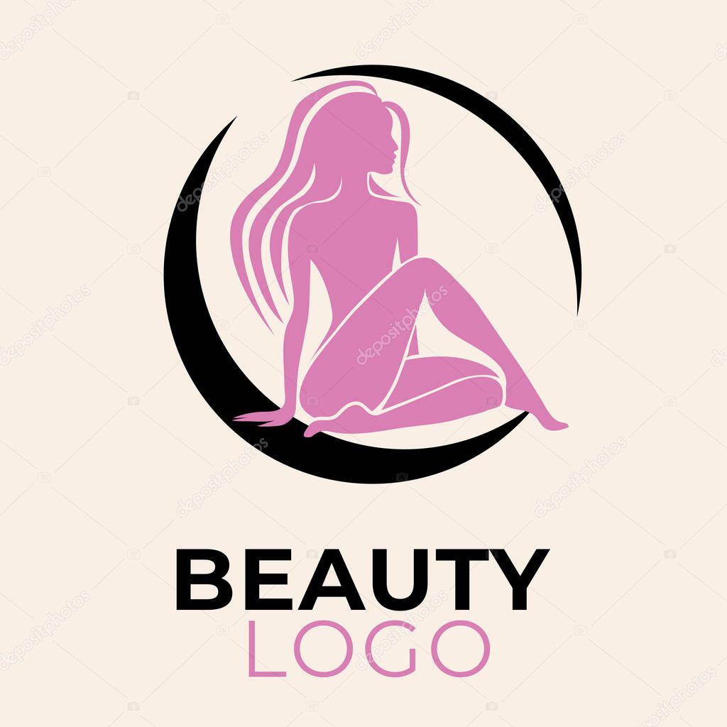 Vector Illustration of woman with long hair. Beauty logo. Hair styling. Slim body