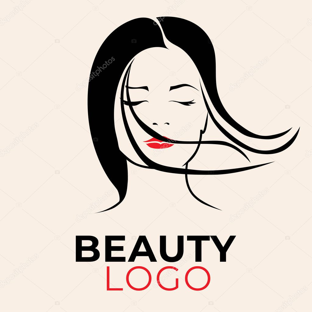 Vector Illustration of woman with long hair. Beauty logo. Hair styling. Slim body