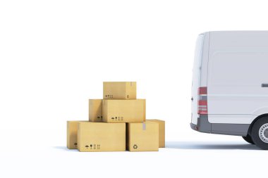 Beyaz arkaplanda karton kutular olan teslimat minibüsü