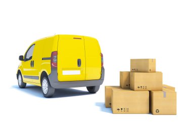 Beyaz arkaplanda karton kutular olan teslimat minibüsü