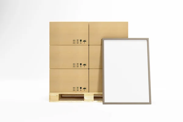 Palete com caixas de papelão e outdoor vazio — Fotografia de Stock