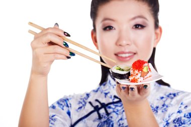 Sushi woman holding sushi clipart