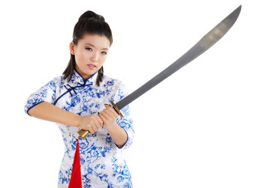 güzel bir kadın tutarak kılıç