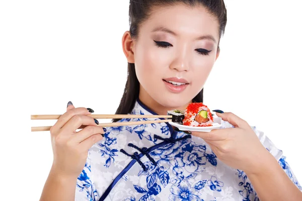 Sushi woman holding sushi — Stock Photo, Image