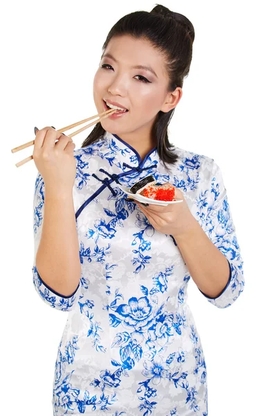 Sushi woman holding sushi — Stock Photo, Image