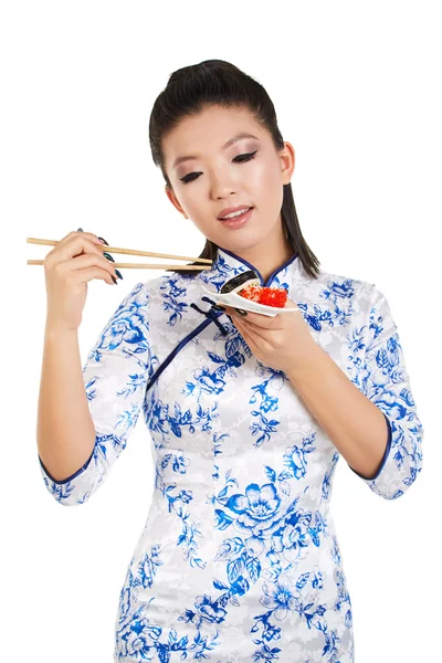 Sushi woman holding sushi — Stock Photo, Image
