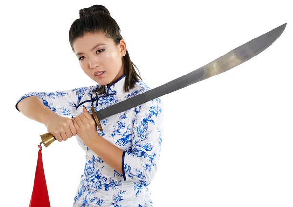 Beautiful woman holding sword — Stock Photo, Image