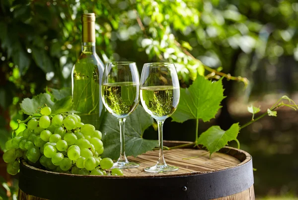 Glasses of wine and old barrel — Stock Photo, Image