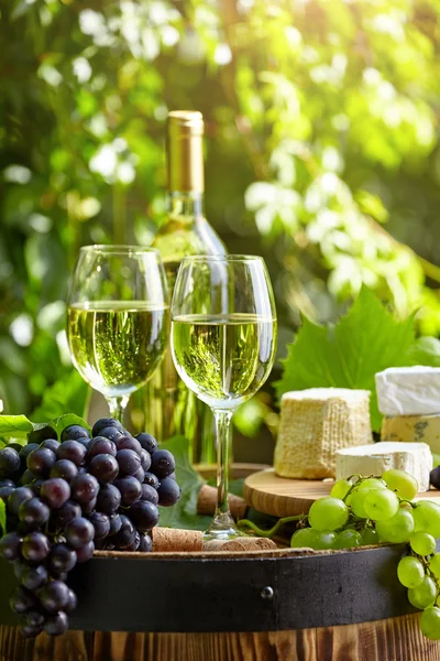 Verres de vin et vieux tonneau — Photo