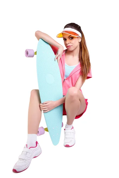 Fashion hipster girl with skateboard — Stock Photo, Image