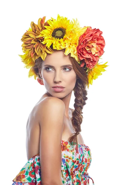 Lady with wreath from flowers — Stock Photo, Image