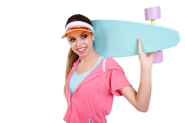 Fashion hipster girl with skateboard — Stock Photo, Image