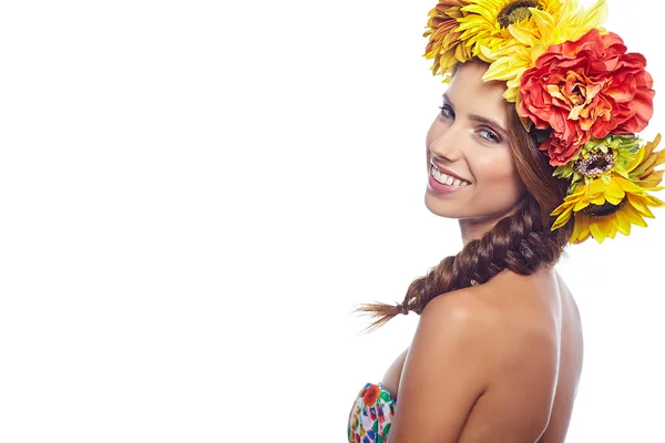 Lady with wreath from flowers — Stock Photo, Image