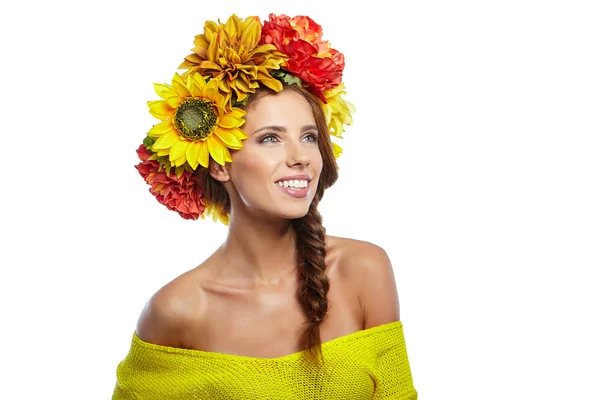 Lady with wreath from flowers — Stock Photo, Image