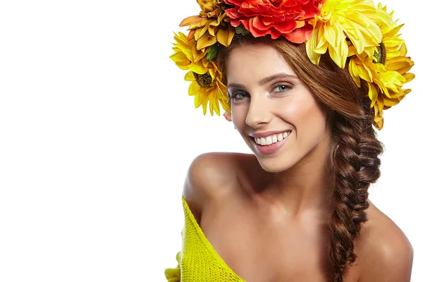 Lady with wreath from flowers — Stock Photo, Image