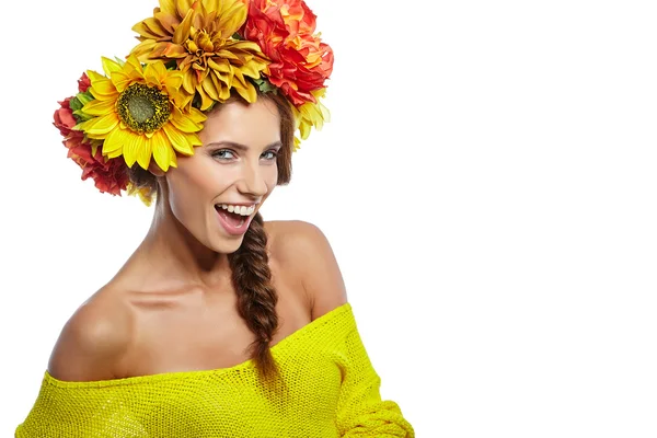 Lady with wreath from flowers — Stock Photo, Image