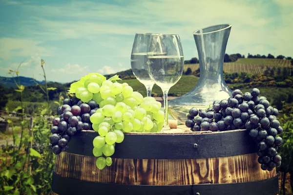 Garrafa de vinho branco e copos de vinho — Fotografia de Stock