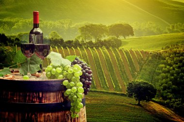 Kırmızı şarap şişesi ve ayaklı büyük kadehler