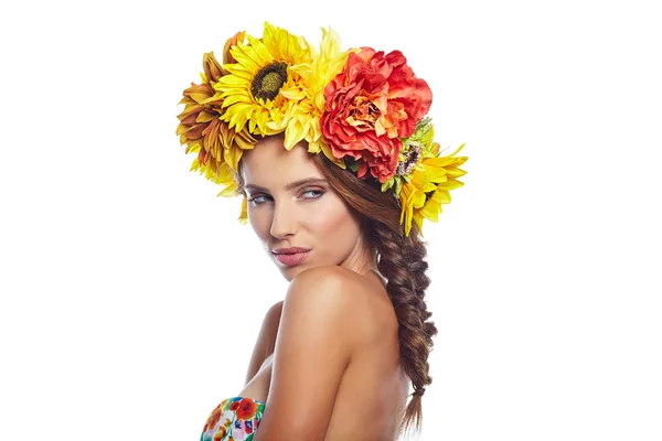 Lady with wreath from flowers — Stock Photo, Image