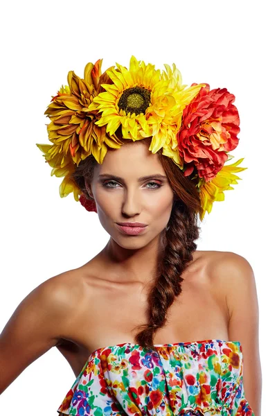 Lady with wreath from flowers — Stock Photo, Image