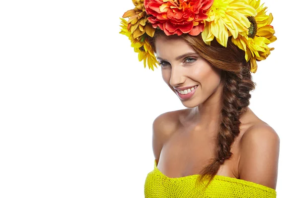 Lady with wreath from flowers — Stock Photo, Image