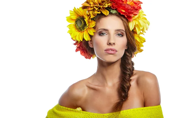 Lady with wreath from flowers — Stock Photo, Image