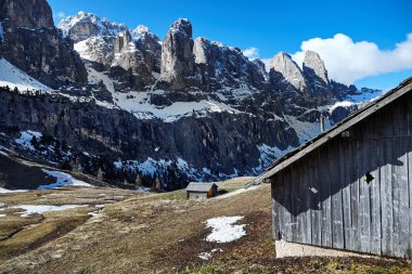 Eski ahşap çiftlik ile Alpin çayır.