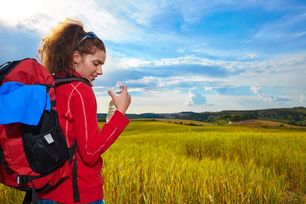 Ragazza vista delle colline di grano verde — Foto Stock