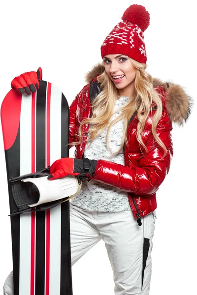 Femme en costume de snowboarder — Photo