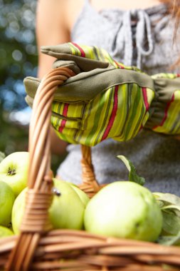 Sepet elma elinde ve