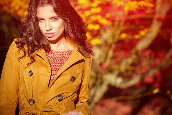 Frau steht im Herbst im Park — Stockfoto