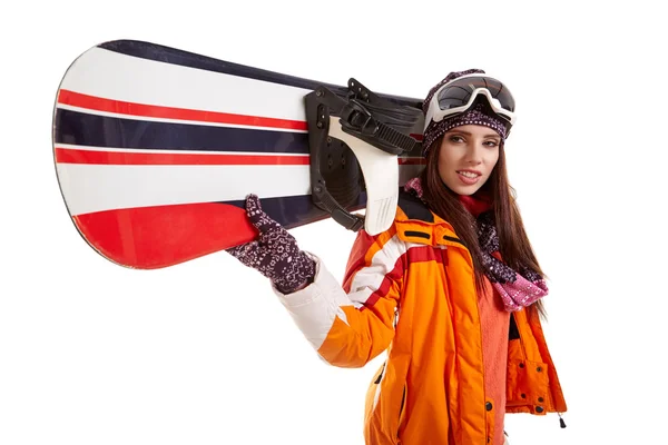 Mulher de pé com snowboard — Fotografia de Stock