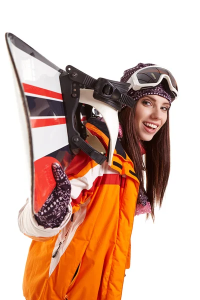 Mulher de pé com snowboard — Fotografia de Stock