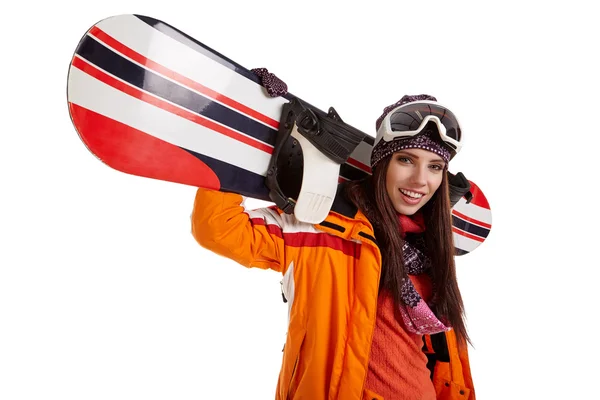 Mulher de pé com snowboard — Fotografia de Stock