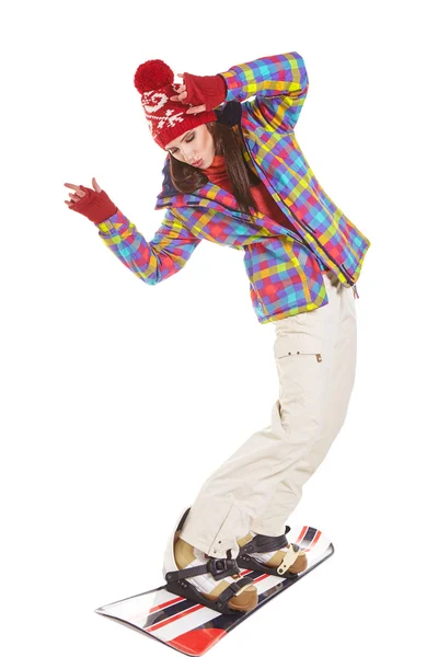 Jeune femme sur snowboard — Photo