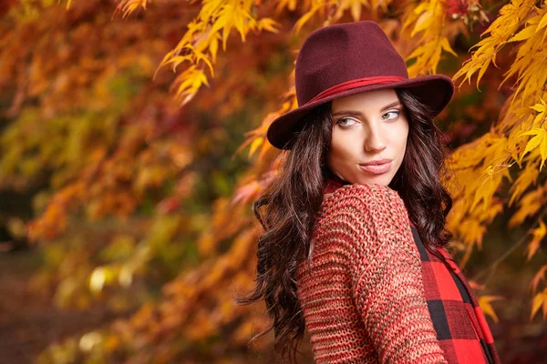 Vrouw bij achtergrond van rode en gele bladeren — Stockfoto