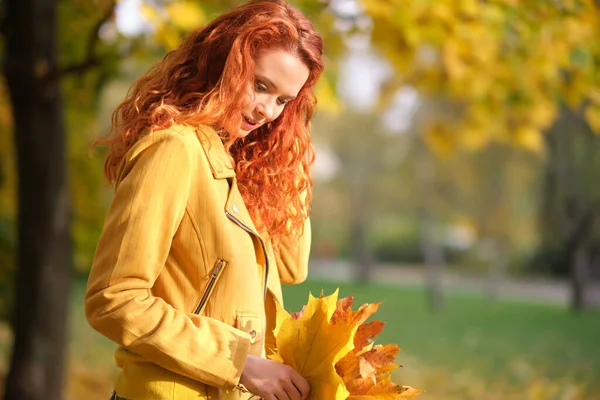 Nette Rothaarige Frau Hält Herbstblätter Der Natur — Stockfoto