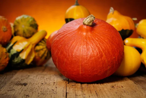 Decorative pumpkins on old wooden table — Stock Photo, Image