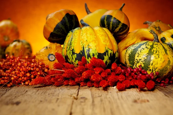 Decorative pumpkins on old wooden table — Stock Photo, Image